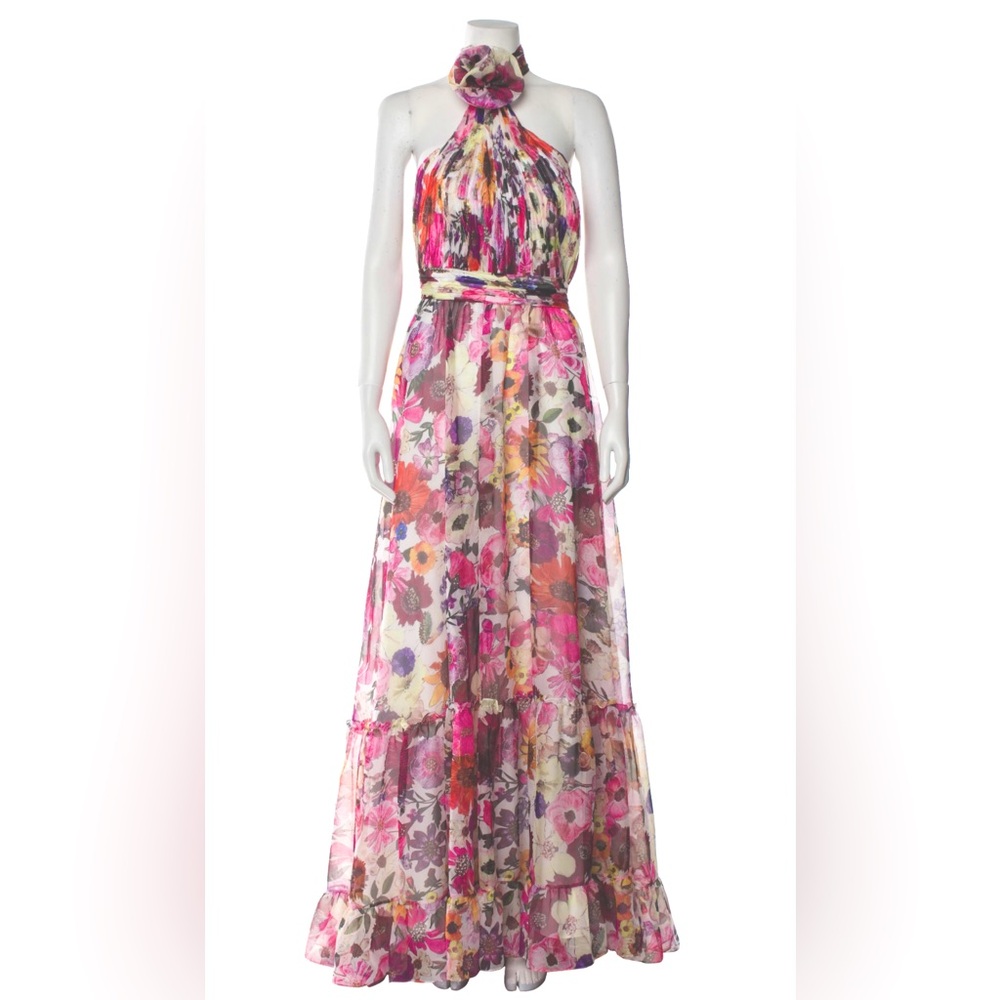 Mac Duggal Womens White Chiffon Floral Halter Evening Dress Gown NWT